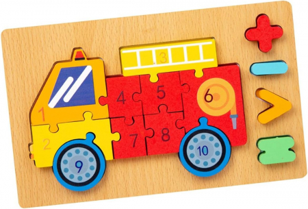 Jocuri Educative - Puzzle din lemn 3D cu piese numerotate si operatii aritmetice Masina de Pompieri
