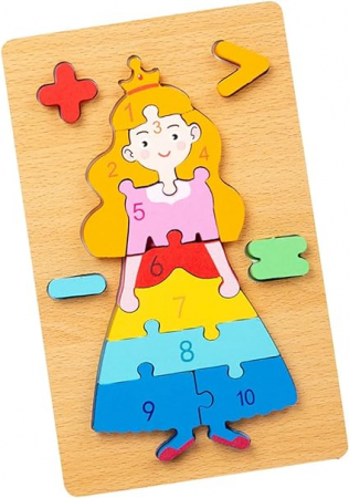 Jocuri Educative - Puzzle din lemn 3D cu piese numerotate si operatii aritmetice Printesa