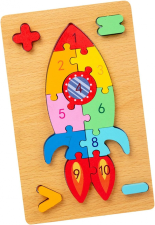 Jocuri Educative - Puzzle din lemn 3D cu piese numerotate si operatii aritmetice Racheta