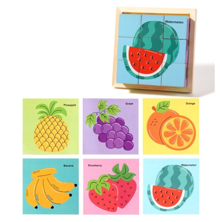 Jocuri Educative - Puzzle din lemn 9 cuburi, 6 imagini, fructe