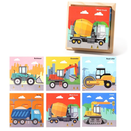 Jocuri Educative - Puzzle din lemn 9 cuburi, 6 imagini, masini utilaje