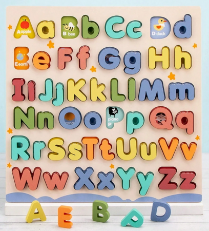 Jocuri Educative - Puzzle din lemn alfabet litere mari si mici de tipar in relief