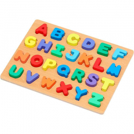 Jocuri Educative - PUZZLE din lemn în relief ALFABET LITERE MARI DE TIPAR