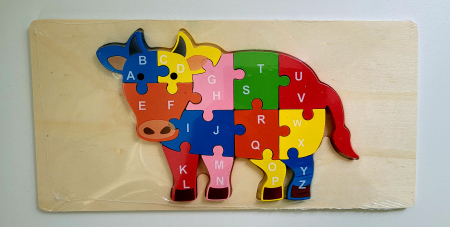 Jucării din lemn - Puzzle din lemn incastru 13 piese alfabet vacuta