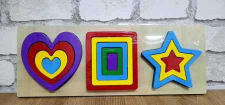 Puzzle - Puzzle din lemn incastru 3 in 1 forme geometrice curcubeu inima, dreptunghi, stea