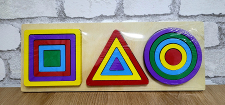 Puzzle - Puzzle din lemn incastru 3 in 1 forme geometrice curcubeu patrat, triunghi, cerc