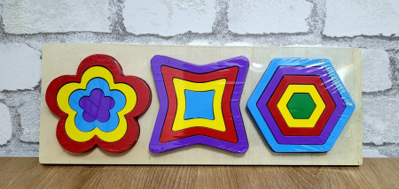 Jocuri Educative - Puzzle din lemn incastru 3 in 1 forme geometrice floare, stea, hexagon