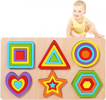 Jucării creative - Puzzle din lemn incastru 6 in 1 forme geometrice curcubeu