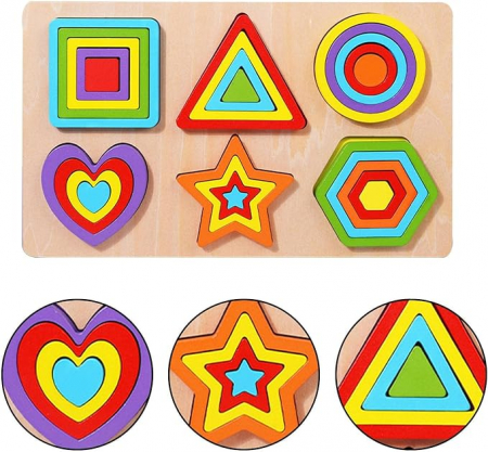 Puzzle din lemn incastru 6 in 1 forme geometrice curcubeu [3]
