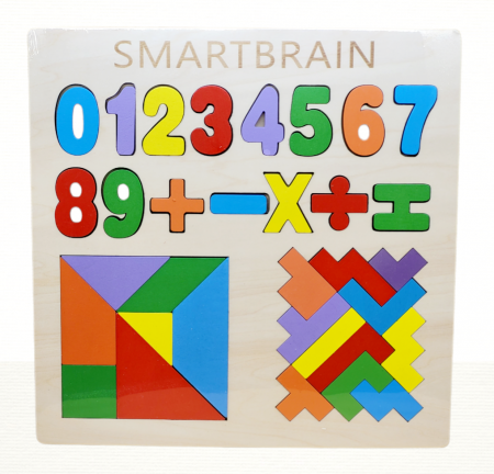Jocuri Educative - Puzzle incastru din lemn 3 in 1 - cifre si operatii matematice, tetris si  tangram SMART BRAIN
