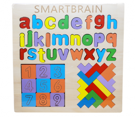 Jocuri Educative - Puzzle incastru din lemn 3 in 1 - litere mici de tipar, cifre si  tetris SMART BRAIN