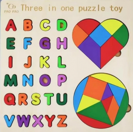 Puzzle incastru din lemn 3 in 1 - tangram forme geometrice, alfabetul literele mari de tipar [2]