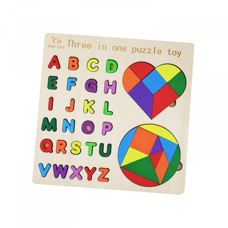 Jucării din lemn - Puzzle incastru din lemn 3 in 1 - tangram forme geometrice, alfabetul literele mari de tipar