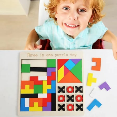 Puzzle incastru din lemn 3 in 1 - tangram forme geometrice, tetris si X si 0 [2]