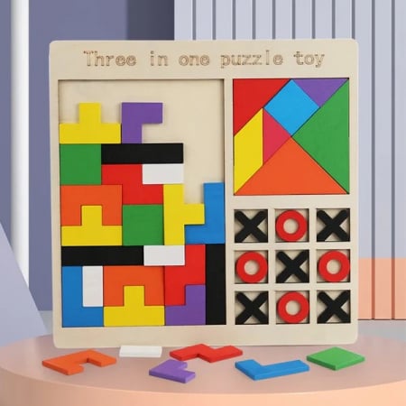 Jocuri de Societate - Puzzle incastru din lemn 3 in 1 - tangram forme geometrice, tetris si X si 0