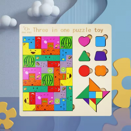 DECORATIUNI - Puzzle incastru din lemn 3 in 1 - tetris fructe, tangram, puzzle forme geometrice