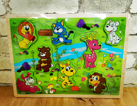 Jocuri Educative - Puzzle incastru din lemn 3D animalute vesele 2 piese