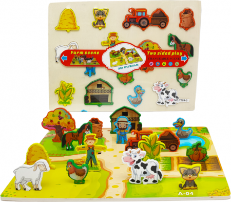 Puzzle incastru din lemn 3D cu 2 fete - scena FERMA [0]
