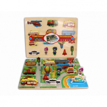Jucării din lemn - Puzzle incastru din lemn 3D cu 2 fete - scena TRAFIC