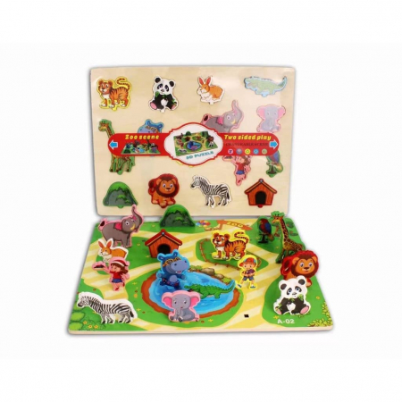 Jucării din lemn - Puzzle incastru din lemn 3D cu 2 fete - scena ZOO