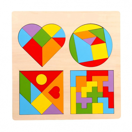Jocuri Educative - Puzzle incastru din lemn 4 in 1 - forme geometrice, tangram si tetris SMART BRAIN