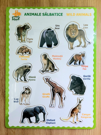 Puzzle incastru din lemn bilingv romana-engleza animale salbatice