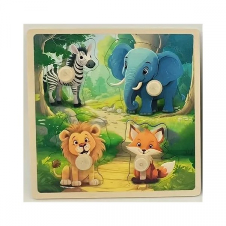 Jocuri Educative - Puzzle incastru din lemn cu butoni 4 piese animale salbatice
