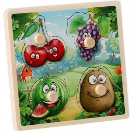 Jocuri Educative - Puzzle incastru din lemn cu butoni 4 piese fructe