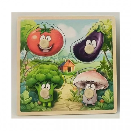 Jocuri Educative - Puzzle incastru din lemn cu butoni 4 piese legume