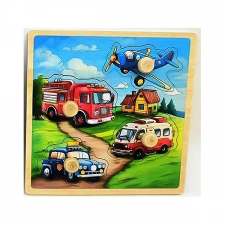 Jocuri Educative - Puzzle incastru din lemn cu butoni 4 piese vehicule de interventie
