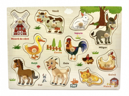 Jocuri Educative - Puzzle incastru din lemn cu butoni - animale de la ferma in limba romana