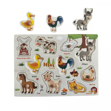 Puzzle incastru din lemn cu butoni - animale de la ferma in limba romana [1]