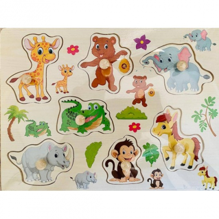 Jucării de îndemânare - Puzzle incastru din lemn cu butoni - animale din junglă