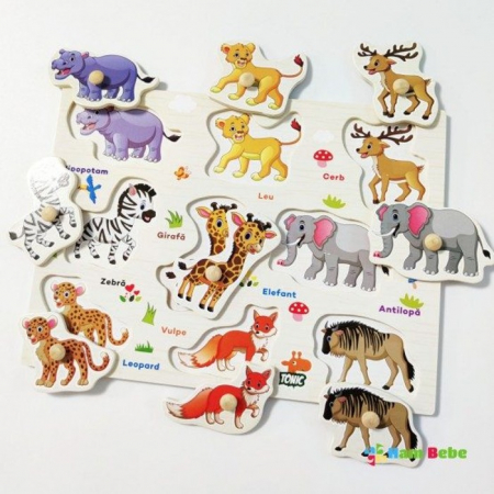 Puzzle incastru din lemn cu butoni - animale din jungla in limba romana [1]