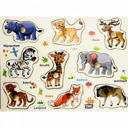 Puzzle - Puzzle incastru din lemn cu butoni - animale din jungla in limba romana