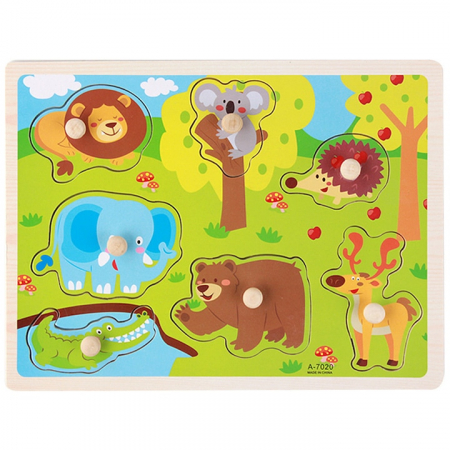 Jocuri Educative - Puzzle incastru din lemn cu butoni animale salbatice in padure