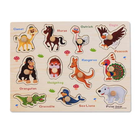 Jocuri Educative - Puzzle incastru din lemn cu butoni - animale si pasari
