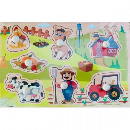 Jocuri Educative - Puzzle incastru din lemn cu butoni - FERMA 3