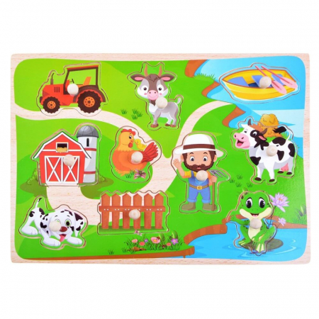 Jocuri Educative - Puzzle incastru din lemn cu butoni - FERMA 6