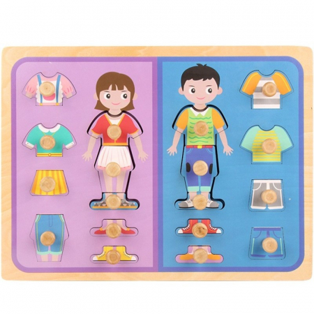 Jocuri Educative - Puzzle incastru din lemn cu butoni IMBRACA FATA SI BAIATUL