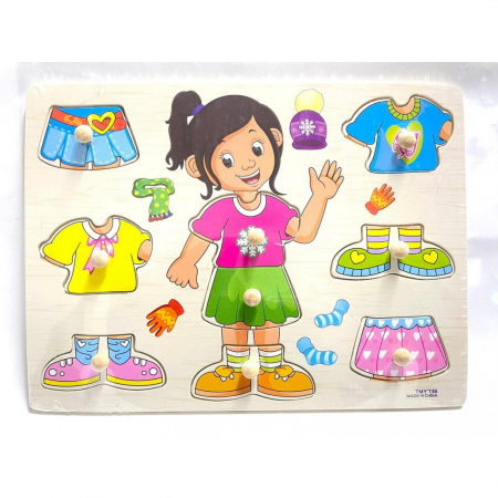 Jocuri Educative - Puzzle incastru din lemn cu butoni - Imbracă fetița 2