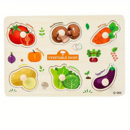 Jocuri Educative - Puzzle incastru din lemn cu butoni magazinul de legume