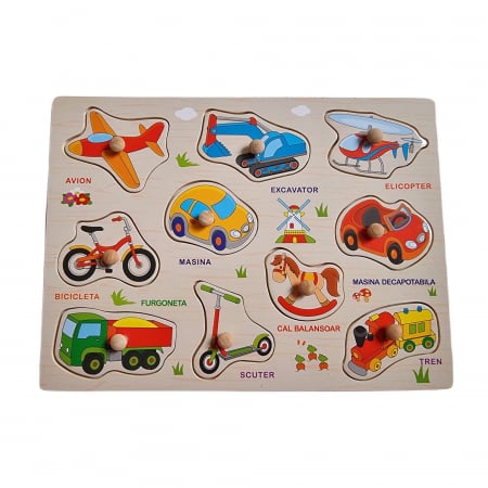 Puzzle - Puzzle incastru din lemn cu butoni - mijloace de transport in limba romana
