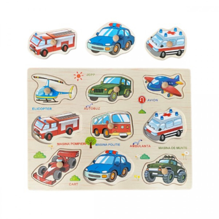 Puzzle - Puzzle incastru din lemn cu butoni - mijloace de transport in limba romana