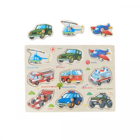 Puzzle incastru din lemn cu butoni - mijloace de transport in limba romana [1]