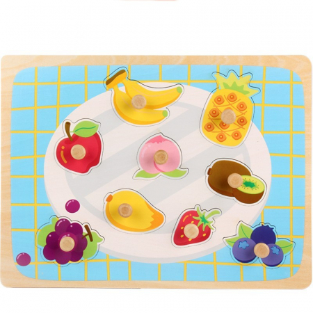 Jocuri Educative - Puzzle incastru din lemn cu butoni PLATOUL CU FRUCTE