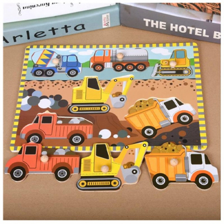 PROMOŢII - Puzzle incastru din lemn cu butoni - vehicule şi utilaje construcţii 2