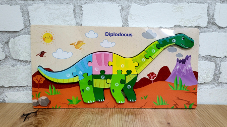 Jocuri Educative - Puzzle incastru din lemn cu piese numerotate dinozaur- Diplodocus