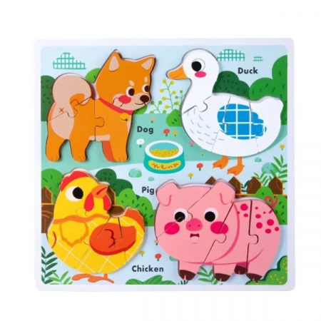 Jucării din lemn - Puzzle incastru din lemn în relief 4 în 1 ANIMALE DE LA FERMA