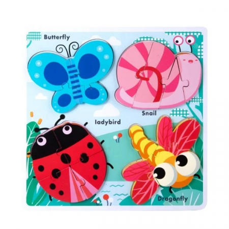 Jocuri Educative - Puzzle incastru din lemn în relief 4 în 1 INSECTE 2